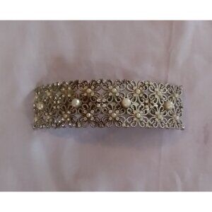 Vintage Elegant Silver Tone Rhinestone & Faux Pearl Floral Hair Barrette Clip
